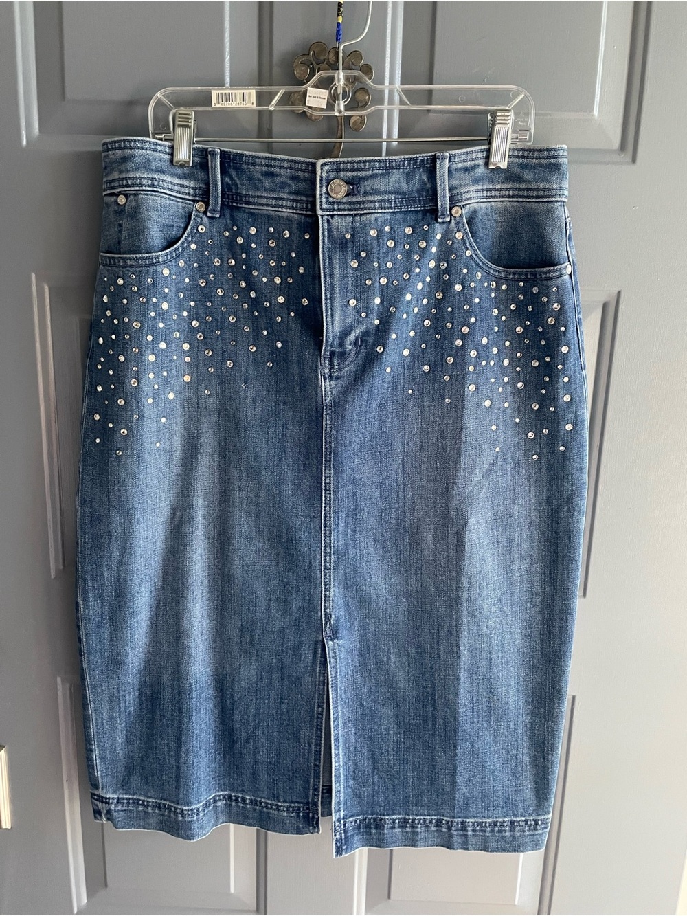 Talbots Blue Denim Midi Skirt with Silver Rhinestones